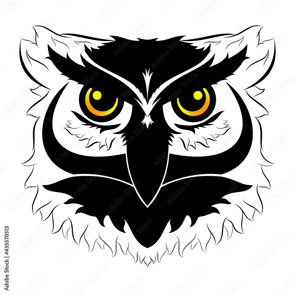 Black and white symmetric owl head with yellow eyes.