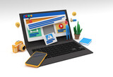 Creative 3D Render Mobile Mockup with Laptop web development banner, marketing material, presentation, online advertising.