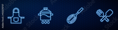 Set line Kitchen whisk, apron, Cooking pot and Crossed fork and spoon. Glowing neon icon on brick wall. Vector