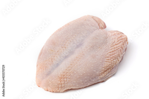 Raw Chicken breast fillet meat with skin , isolated on white background