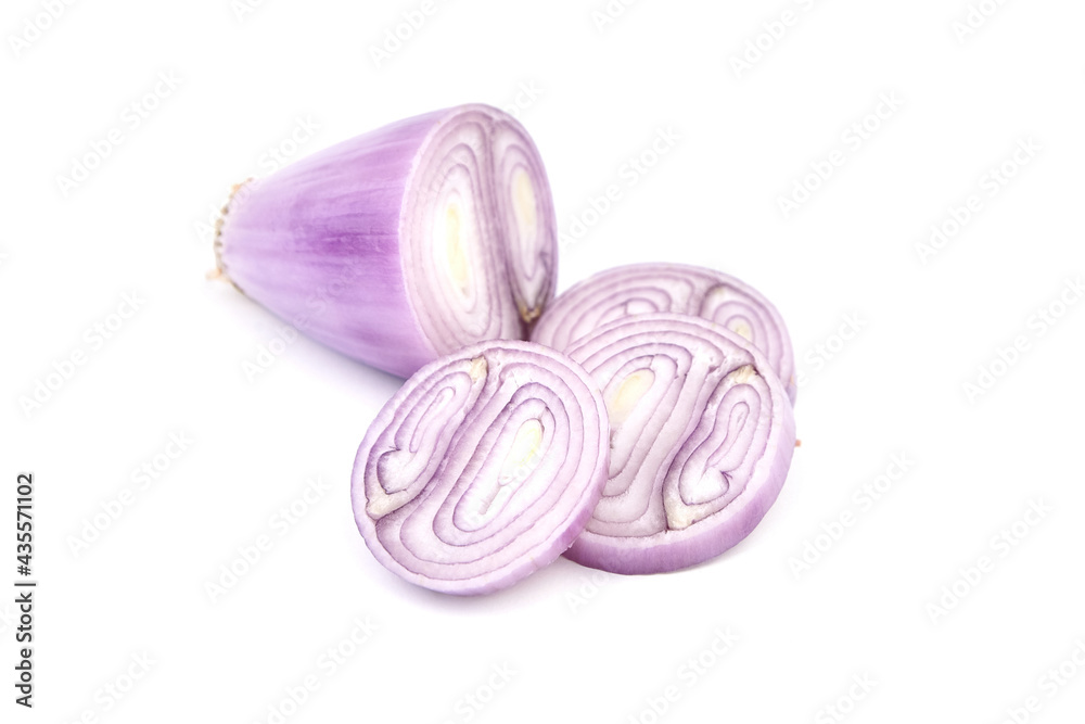 Shallot onion half and slices isolated on white background.