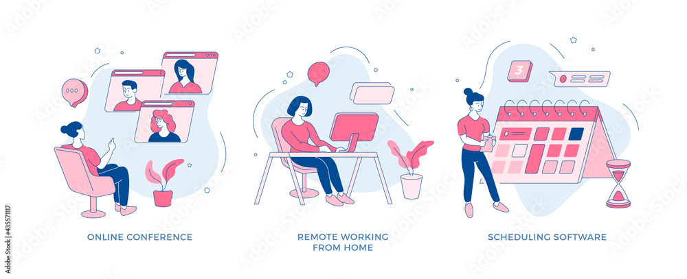 Online work from home set. Female character is holding video conference team. Remote job apartment in web during pandemic. Professional digital task planner for freelancer. Vector flat line concept