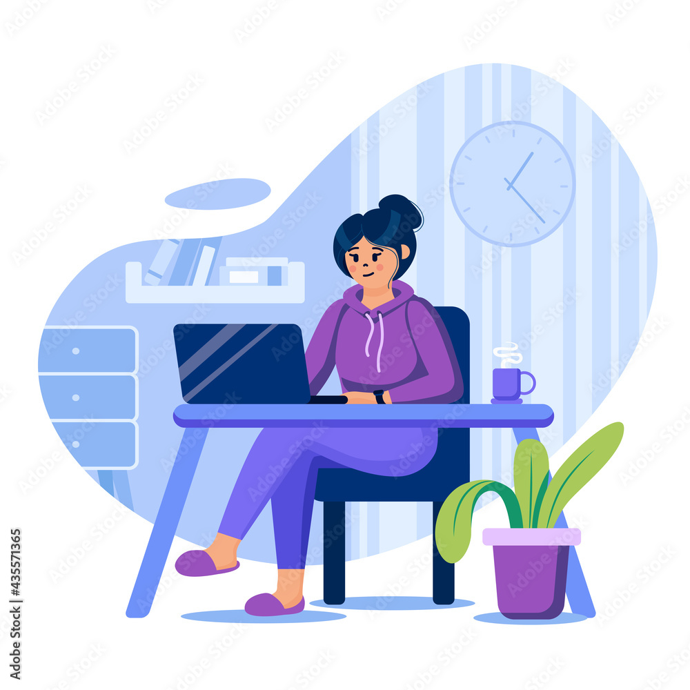 Freelance concept. Woman freelancer working at laptop in home office. Remote worker at convenient conditions workplace. Template of people scenes. Vector illustration with characters in flat design Freelance concept. Woman freelancer working at laptop in home office. Remote worker at convenient conditions workplace. Template of people scenes. Vector illustration with characters in flat design