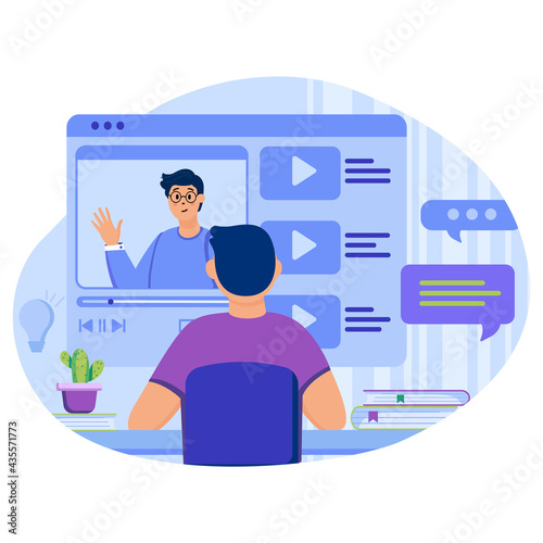 Video tutorials concept. Man watches video or blogger stream and learns new skills. Student watching online webinars. Template of people scenes. Vector illustration with characters in flat design