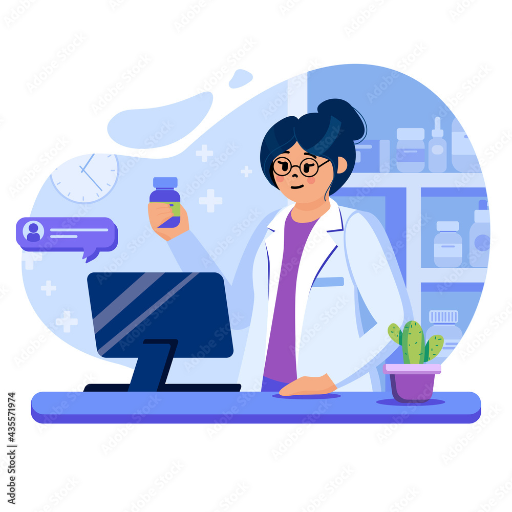 Online pharmacy concept. Pharmacist processes order for purchase of medicines via web page. Online drugstore service. Template of people scenes. Vector illustration with characters in flat design Online pharmacy concept. Pharmacist processes order for purchase of medicines via web page. Online drugstore service. Template of people scenes. Vector illustration with characters in flat design