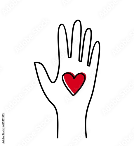 Hand holds a heart, vector illustration of charity, helping others, volunteering, give love concept.