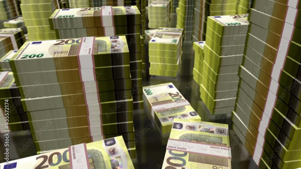 Euro money packs loop. 3D flight over 200 EUR banknotes stacks towers. Looped seamless animation. Abstract background concept of business, inflation, economy crisis, recession, debt, finance in EU. Euro money packs loop. 3D flight over 200 EUR banknotes stacks towers. Looped seamless animation. Abstract background concept of business, inflation, economy crisis, recession, debt, finance in EU.