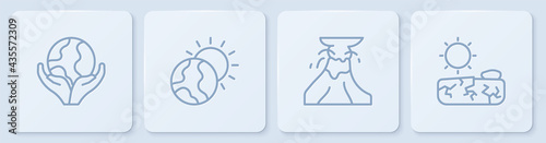 Set line Hand holding Earth globe, Volcano eruption with lava, Global warming and Drought. White square button. Vector