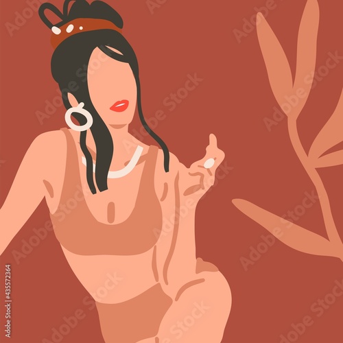 Hand drawn vector abstract stock flat graphic contemporary art,aesthetic fashion illustration with bohemian,beautiful modern female body portrait in swimsuit,trendy style isolated on color background