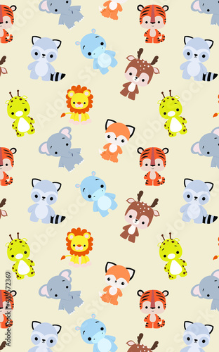 Fototapeta Naklejka Na Ścianę i Meble -  Children's cute pattern with animals. Hippo, raccoon, fox, tiger, lion, giraffe, elephant, deer. Fabric, Gift paper, Print, Sticker