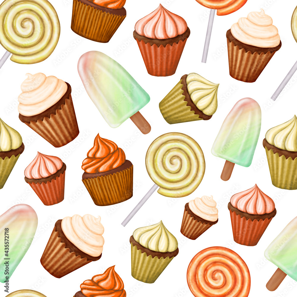 Orange and yellow pattern with desserts on white background Orange and yellow pattern with desserts on white background