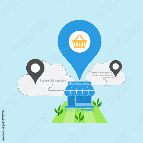 Location icon with shop symbol on cropland as a gimmick of buying local produce. Benefits of buying local product. Vector illustration outline flat design style.