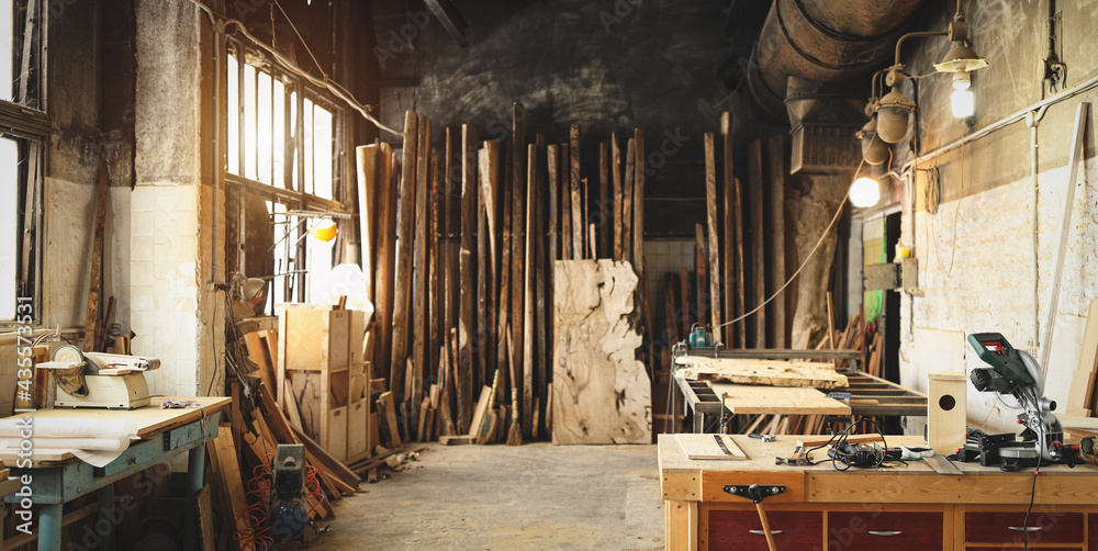 Φωτογραφία Interior of carpenter workplace with   professional equipment