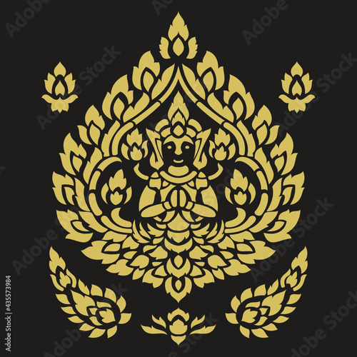 ancient Thai art ornament and wale with golden male angle appearance on black background that can be found from Northern Thai temple's wall, pillar, Buddhist Manuscript literature chest or textile
