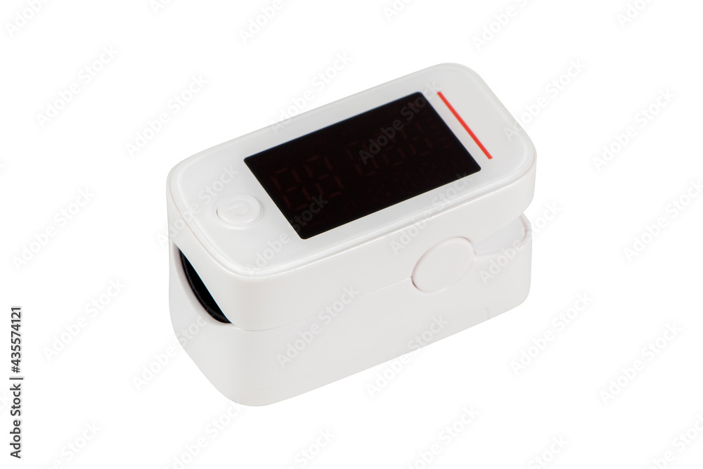 Modern fingertip pulse oximeter isolated on white Modern fingertip pulse oximeter isolated on white