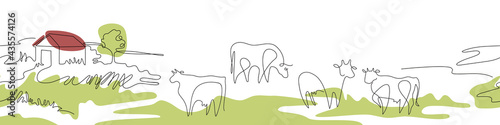 Horizontal banner. Cows and village houses. Agricultural template.