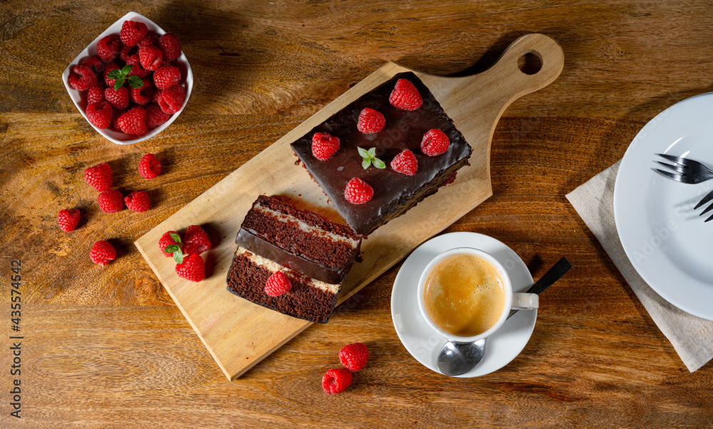 Chocolate cake with raspberries and coffee Chocolate cake with raspberries and coffee