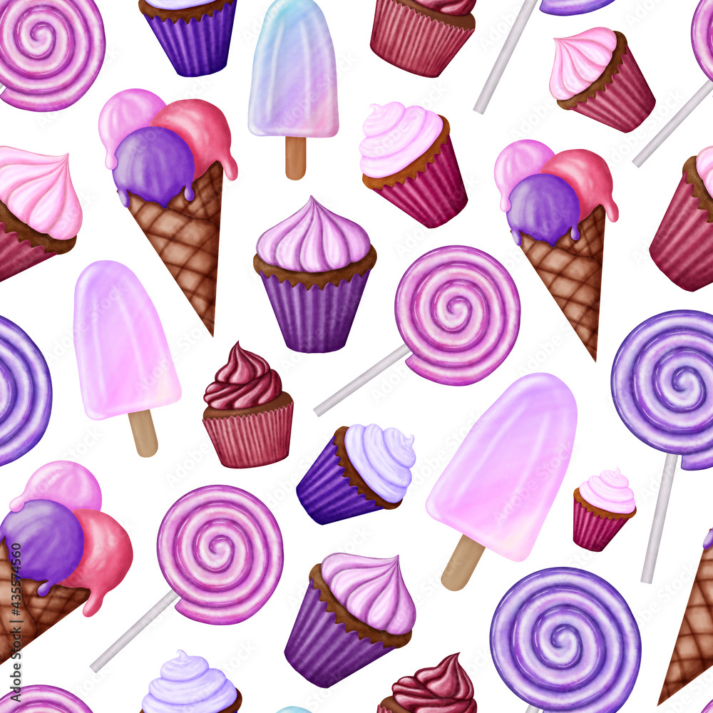 Pink and purple pattern with desserts on white background