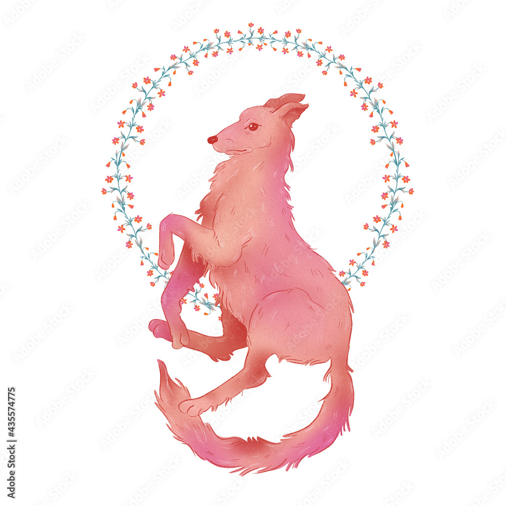 Textural raster pink wolf with flowers for creating fashion prints, postcard, wedding invitations, banners, arrangement illustrations, bouquets. Raster colorful animal on white background.