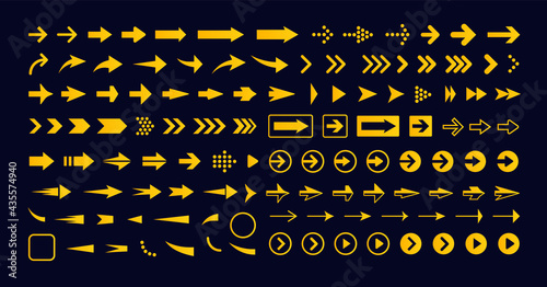 Geometric right arrow set, vector icon. Pointer icon, next sign, forward button. Infographic simple elements. Navigation and multimedia graphic for web interface