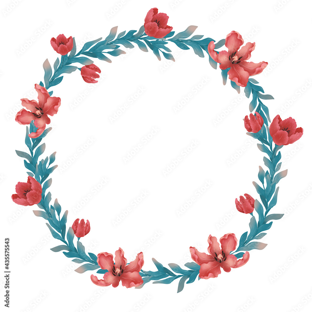 Fototapeta premium Raster flower wreath. Floral illustration on white background. Botanical image can be used for wedding invitation, design template, greeting card, patterns fill.