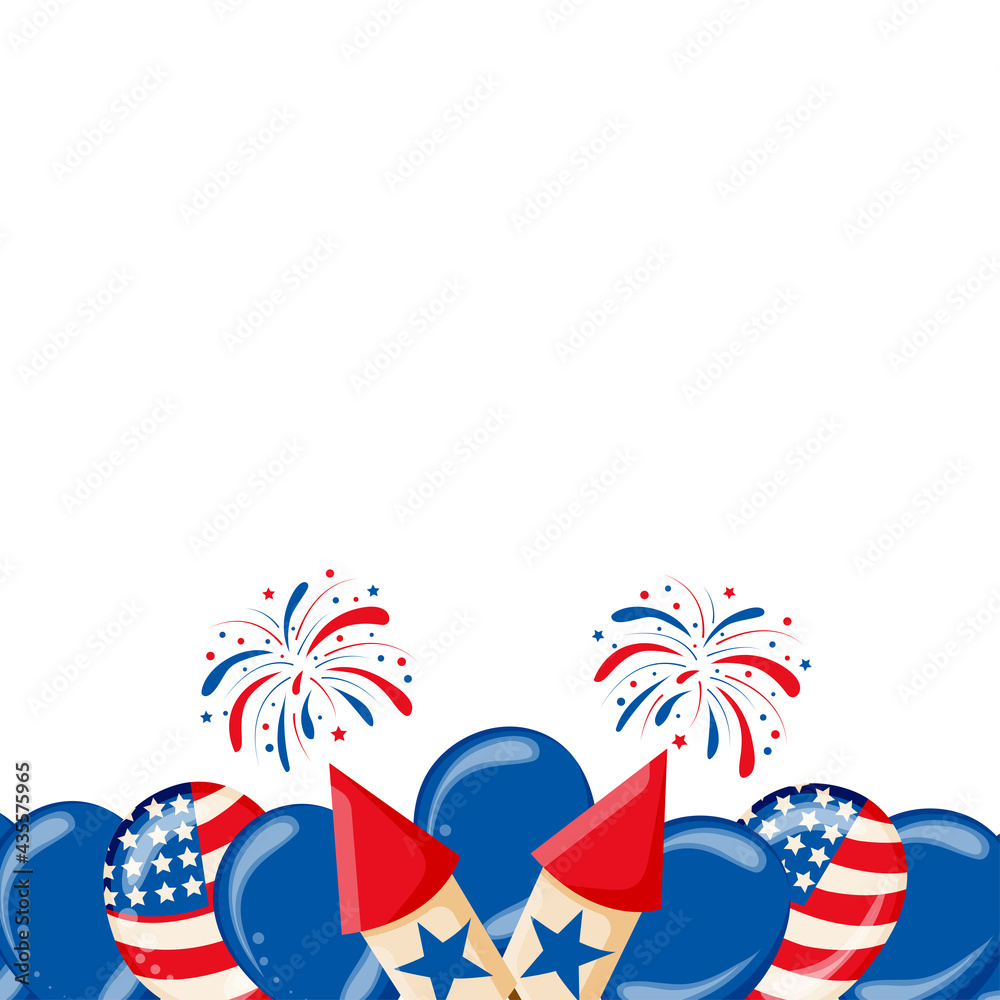 Border for the 4th of July with balloons, flag, and confetti. Festive