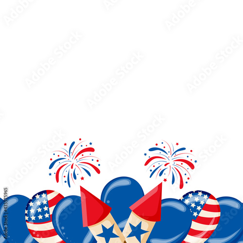 Border for the 4th of July with balloons, flag, and confetti. Festive border flat lay. Vector illustration.