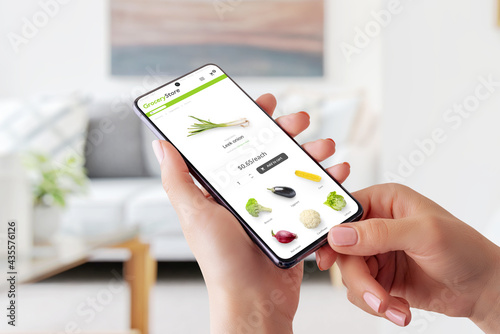 Online purchase of vegetables and home groceries from a mobile phone. Modern flat design app concept