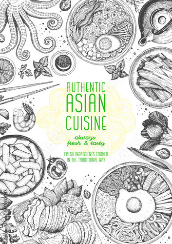 Asian cuisine top view frame. Food menu design with noodles,ramen, shrimps, bibimbap, kimchi and seafood set. Vintage hand drawn sketch vector illustration.