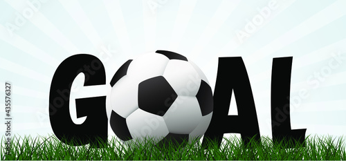 Slogan goal with football on green soccer grass field. Vector background banner Template play model. Sport euro finale or school, sports game cup. Summer, treet ball games. 2020, 2021, 2022
