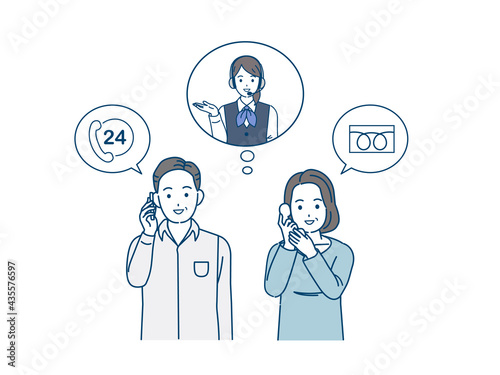 電話をかける中高年の男女　通話　オペレーター　ミドル　イラスト素材