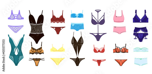 A collection of elegant lingerie or sexy lingerie. Set of female underwear isolated on white background. Colorful vector illustration in flat style