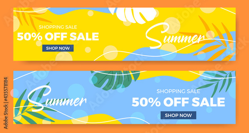 Summer sale offer banner poster with tropical leaves memphis graphic abstract