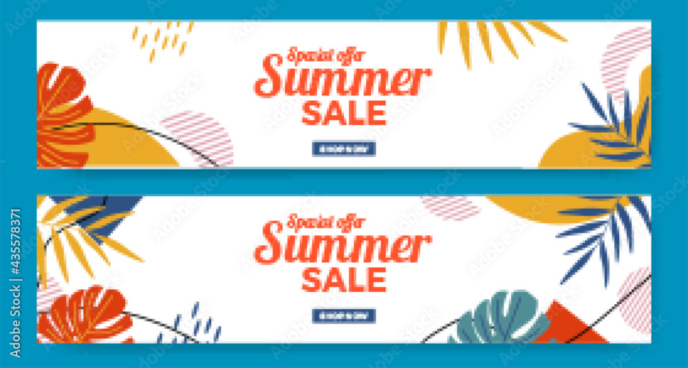 Summer sale offer banner promotion with leaves jungle hipster memphis abstract