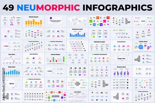 Neumorphic infographics collection. Vector business templates. Presentation graph. Circle diagram. 3, 4, 5, 6, 7, 8 steps. photo