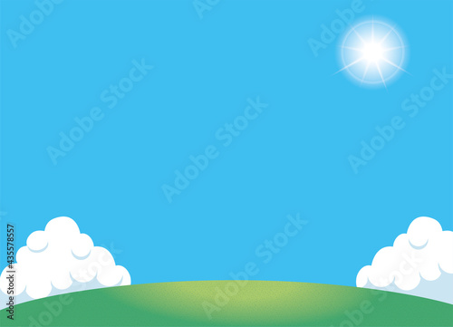 夏のイメージのイラスト背景素材　眩しい太陽と丘・小山と青空と白い雲文字スペース