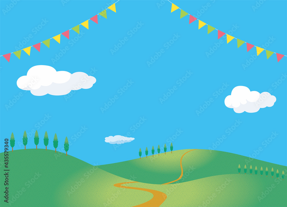 夏のイメージのイラスト背景素材 三角旗ガーランドと一本道の丘 小山と青空と白い雲 Vector De Stock Adobe Stock