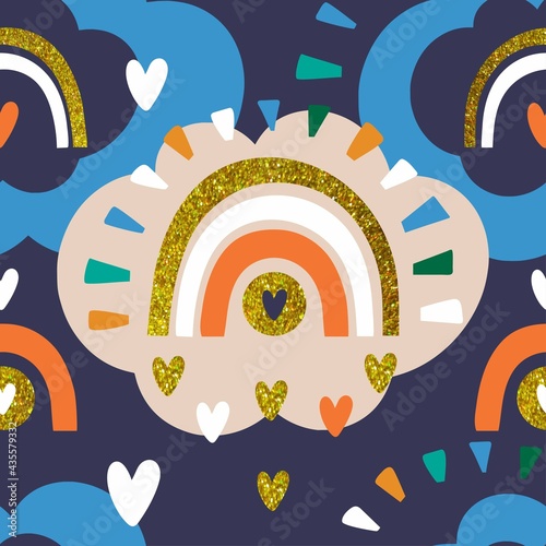 Vector seamless pattern with shining rainbows and hearts. On the sky, clouds and rainbows pattern in the Scandinavian style on a dark blue background. Shining golden elements.