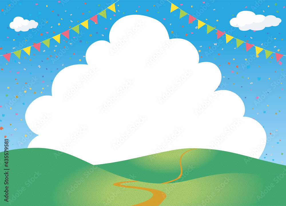 夏のイメージのイラスト背景素材　紙吹雪と三角旗ガーランドと一本道の丘・小山と青空と大きい白い雲