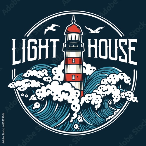 Marine wave with lighthouse. Nautical sea beacon for t-shirt print. Wanderlust and adventure illustration