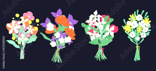 Set of different abstract bouquets of flowers isolated on a dark background.Vector floristic illustration in a modern style.