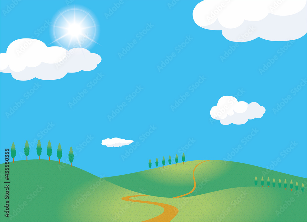 Obraz premium 夏のイメージのイラスト背景素材 眩しい太陽と一本道の丘・小山と青空と白い雲ポプラ並木