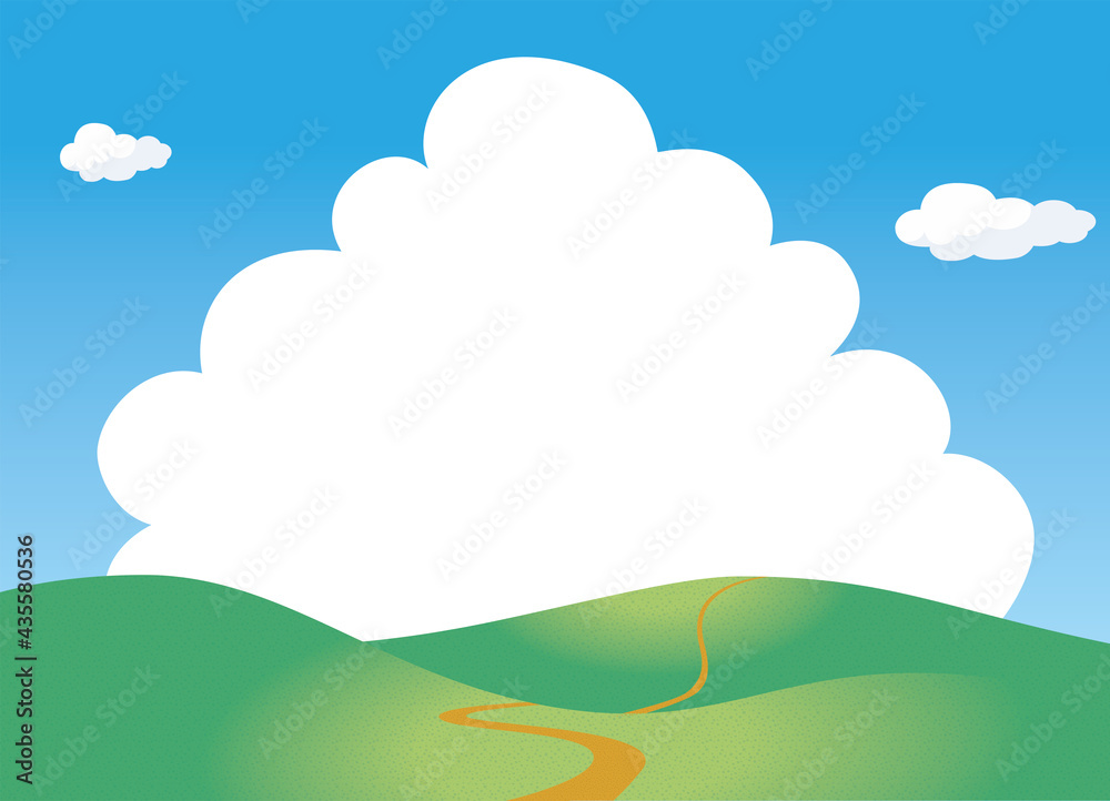 夏のイメージのイラスト背景素材　一本道の丘・小山と青空と白い雲文字スペース