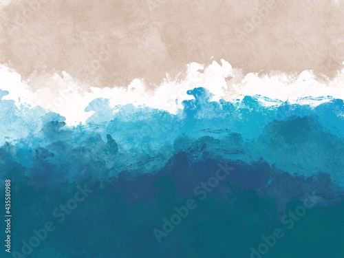 Horizontal beach print with blue sea and sand. Top view beach background. Modern printable wall art, poster, postcard. Hand drawing effect.