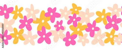 Flower border seamless vector. Cute simple doodle Scandi florals repeating horizontal pattern. Kids flower banner pink yellow white. Use for fabric trim, kids wear, footer, header, divider, banner.