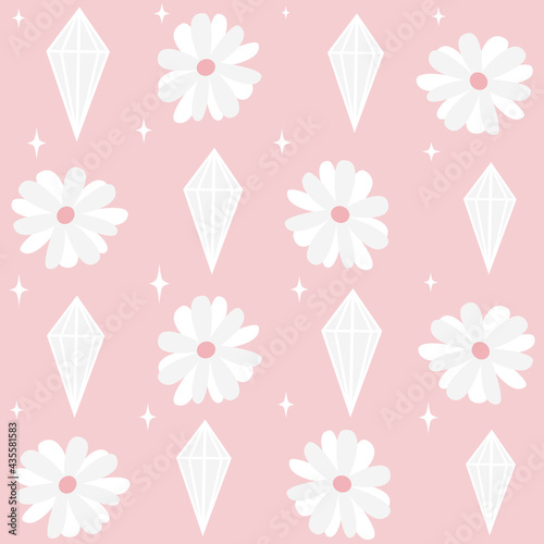 cute lovely seamless vector pattern background illustration with daisy flowers, diamonds and stars	