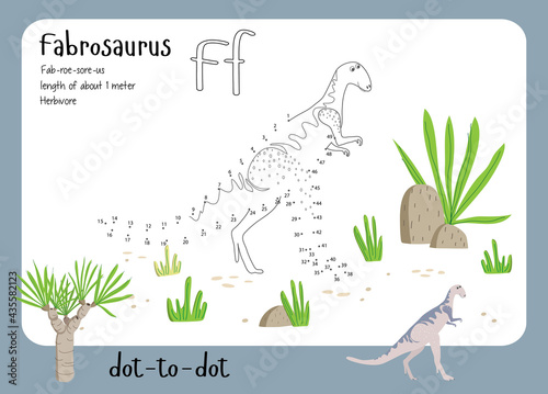 A dot by dot worksheet with dinosaur, name, facts and alphabet letter. Children's riddle.Coloring page for kids. Activity art game. Vector illustration. Set cards a-z dinosaur F. Fabrosaurus