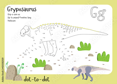 A dot by dot worksheet with dinosaur, name, facts and alphabet letter. Children's riddle.Coloring page for kids. Activity art game. Vector illustration. Set cards a-z dinosaur G. Gryposaurus