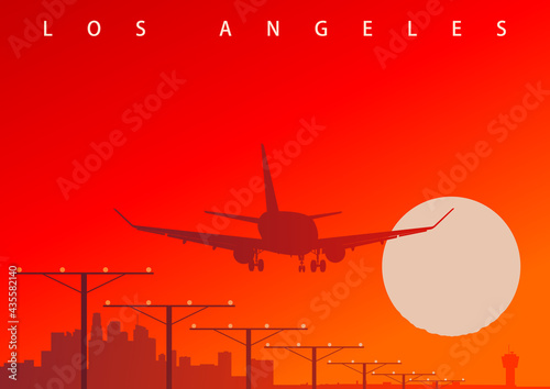 A commercial airliner landing at Los Angeles airport during the sunset. Original vector illustration, (not derivative) photo