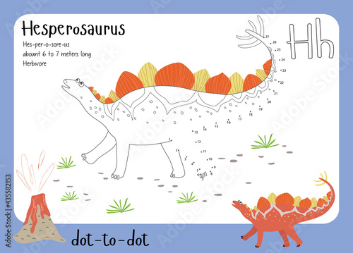 A dot by dot worksheet with dinosaur, name, facts and alphabet letter. Children's riddle.Coloring page for kids. Activity art game. Vector illustration. Set cards a-z dinosaur H. Hesperosaurus
